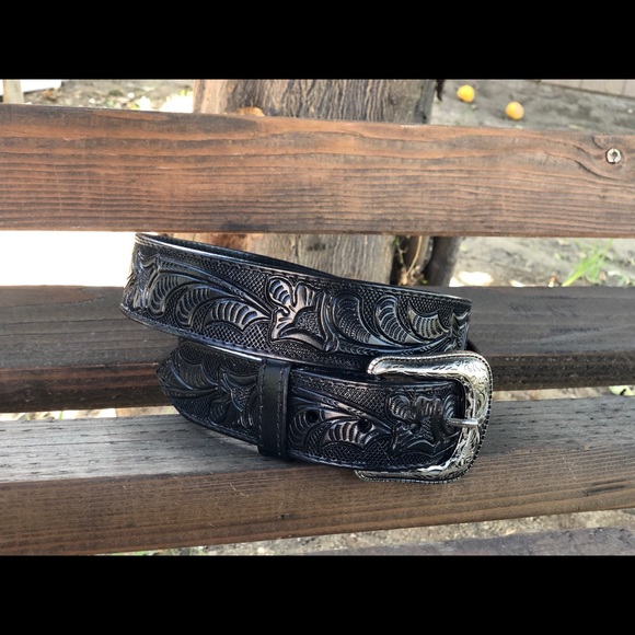 Black tooled leather belt main image 5